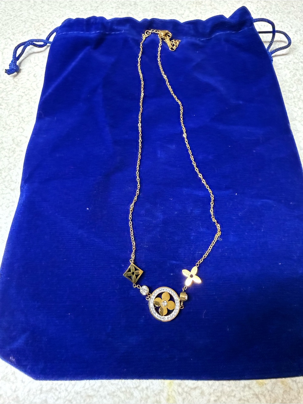 Gold-Tone Floral Charm Necklace with Crystal Accents - Women